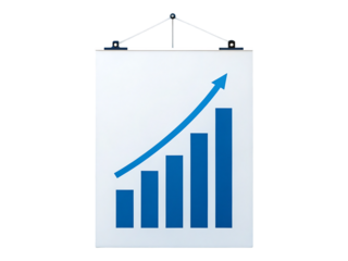 A blue bar graph with an upward trend on a white poster board isolated on transparent background