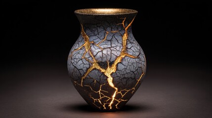 Kintsugi Inspired Dark Vase with Golden Glow