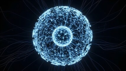 Abstract digital sphere with glowing blue connections on a dark background
