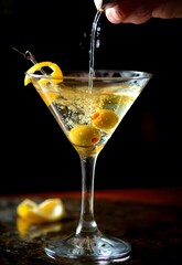 Hand pouring martini cocktail into glass with olives