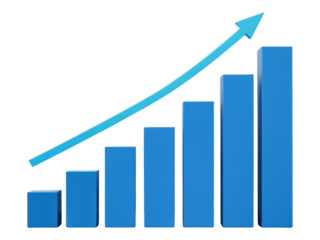 Blue bar graph with upward trending arrow on transparent background showing growth