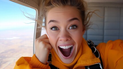 With joy lighting up her face, a skydiver dressed in vibrant orange gets ready to jump from the aircraft, feeling the thrill of the upcoming freefall against a stunning backdrop