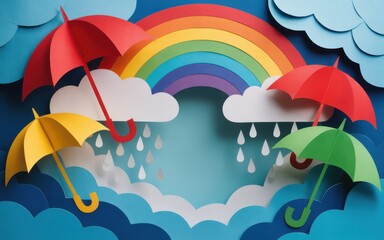 Naklejka premium Rainbow Emerging from Cloudy Skies with Umbrellas