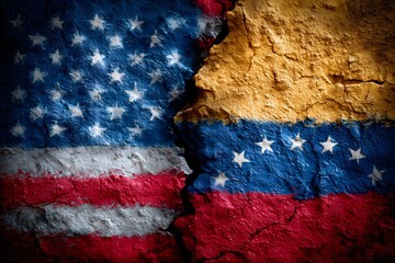 United states venezuela flags conflict cracked wall showing geopolitical crisis
