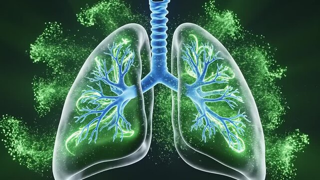 Vibrant human lung anatomy illuminated by energetic green particles, symbolizing optimal respiratory health, oxygen exchange, and vital biological function within the body