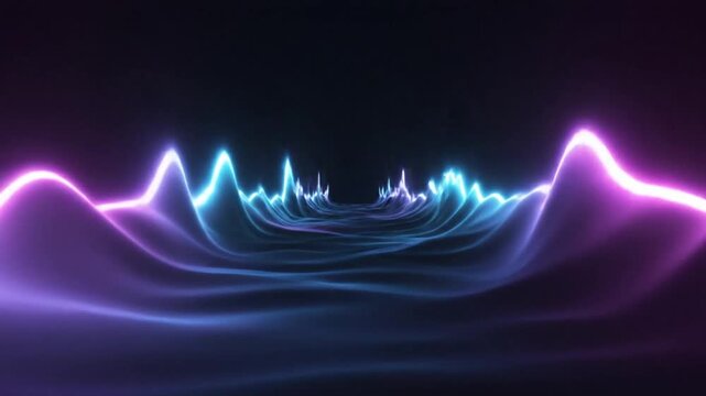 Vibrant 4K Video visualization of glowing blue and purple sound waves undulating through a dark futuristic landscape