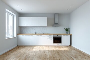 Fototapeta premium Modern white kitchen with clean lines and wooden floors.