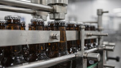 Closeup view of crown caps being affixed to beer bottles by industrial machinery highlighting the seamless integration of speed and accuracy in the sealing process.