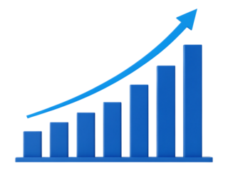Blue bar graph with upward trending arrow on transparent background showing growth