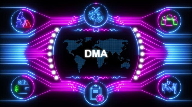 Digital Marketing Analytics DMA Data Abstract Futuristic Network with World Map, Glowing Neon Lights, Global Connectivity & Business Icons