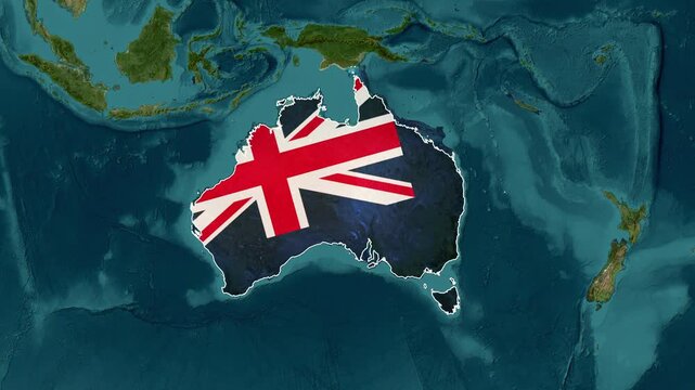 Australia highlighted on a world map animation with its national flag superimposed