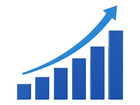 Blue bar graph with upward trending arrow on transparent background showing growth - Powered by Adobe