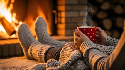 Woman in woollen socks by the fireplace. Unrecognisable relaxes by warm fire with a cup of hot drink and interesting book, warming up her feet. Cozy atmosphere. Winter and Christmas holidays concept. 