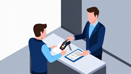 Car Rental Theme: Rental car keys and contract exchange at counter