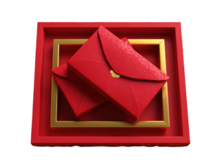 Elegant red envelopes with gold trim in red square frames