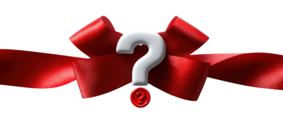 Mysterious gift wrapped in red ribbon with question mark
