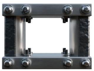 Industrial metal frame with bolts and steel beams on black background