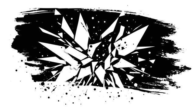 Abstract black and white illustration of a shattered explosion with sharp fragments and grunge brushstrokes.
