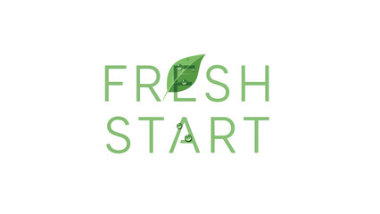 Fototapeta premium Vibrant green 'Fresh Start' typography with a dew-kissed leaf emblem symbolizing renewal and natural vitality