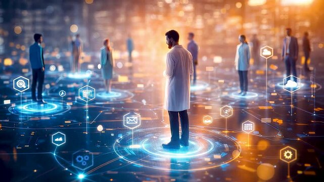 Connected professionals standing in digital network environment with data visualization showcasing workforce analytics collaboration and smart technology