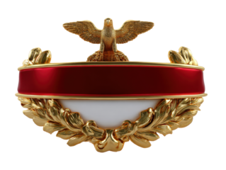 Golden eagle ornament with red and white emblem and laurel wreath