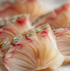 Close-up of sea bream sashimi slices, delicate texture, subtle marbling, glossy surface