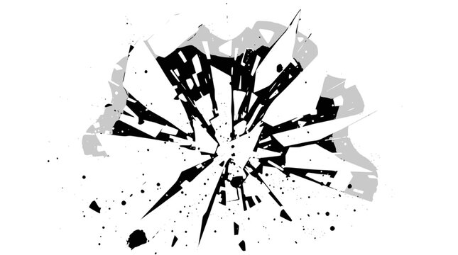 Abstract black and white illustration depicting shattered glass or an explosive impact with sharp fragments and debris.