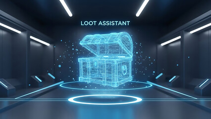 Holographic ai assistant 3d visualizing a glowing loot chest in a futuristic digital gaming environment