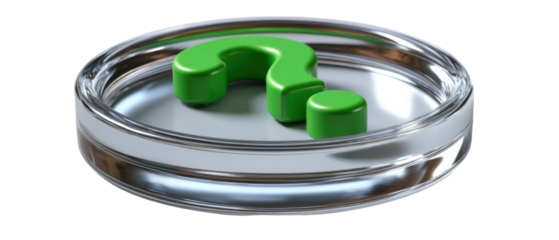 Green question mark sculpture inside a clear glass dish