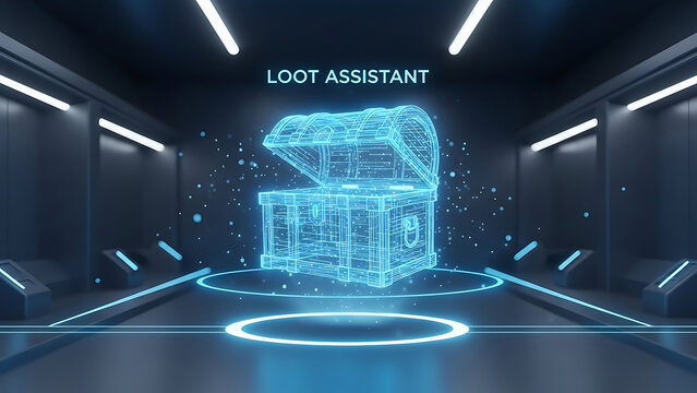 Holographic ai assistant 3d visualizing a glowing loot chest in a futuristic digital gaming environment - Powered by Adobe