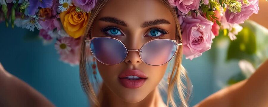 beautiful flower power woman with sunglasses, flower power woman wearing cool sunglasses, stylish boho woman with floral vibes