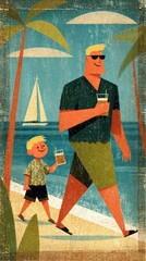 Father and Son Tropical Beach Walk