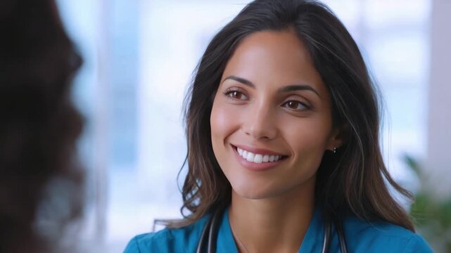 Professional in Healthcare: A smiling medical professional, embodying care and competence, engages with a patient, portraying a scene of empathy and trust.