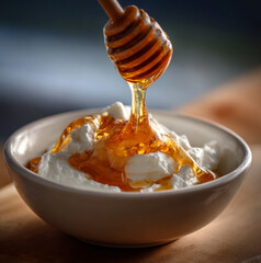 Greek yogurt with honey drizzle, golden honey flowing, natural lighting, food photography