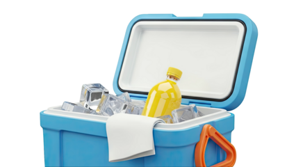 Blue Cooler Box with Ice and Yellow Bottle