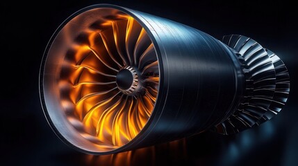 Close-up of a jet engine turbine with glowing orange hot core, metallic fan blades and cylindrical casing on dark background conveying power, intensity and futuristic energy