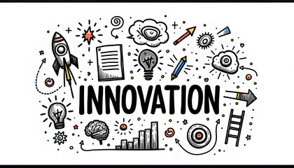 Obraz premium Hand-drawn innovation illustration with rocket, lightbulb, brain, and creative icons surrounding bold “INNOVATION” text on white background