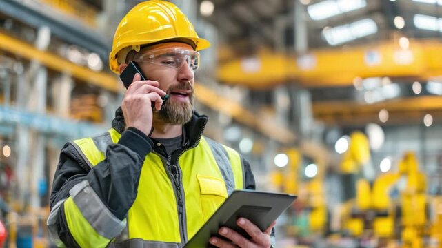Factory Communication: A focused worker, clad in safety gear, engages in a phone conversation, holding a tablet amidst the industrial machinery.