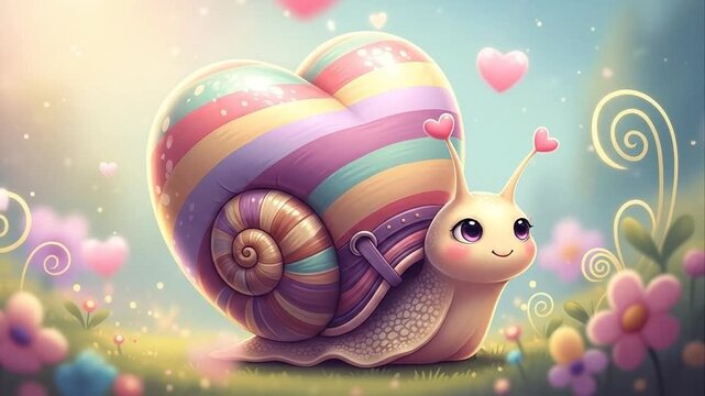 Cartoon snail with heart shaped shell and hearts in a bright colorful scene