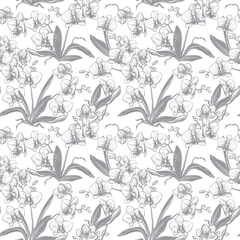 Vector seamless pattern with phalaenopsis. Orchid bush with flowers, leaves, and buds. Black ink drawing imitating engraving. Line drawing of an exotic flower. Tropical pattern for textiles.