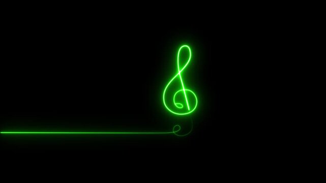 Glowing neon music icon animation, neon icon animation, music icon animation on black background, green neon glowing single musical note icon abstract design animation on 4k video footage.