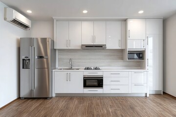 Fototapeta premium Modern kitchen with stainless steel appliances and white cabinetry.