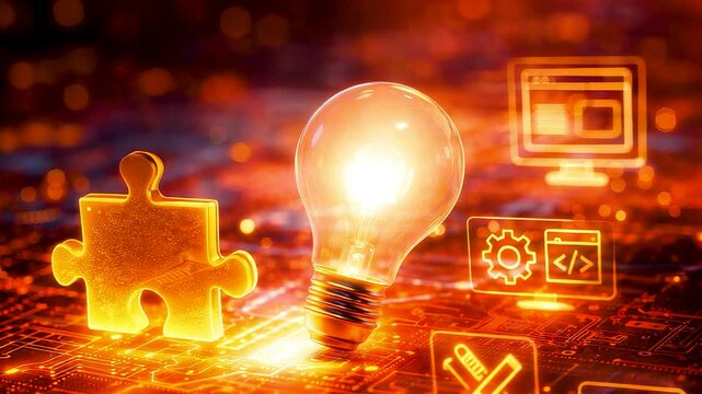 Glowing light bulb and puzzle piece with digital technology interface showcasing creative problem solving innovation and modern ideas