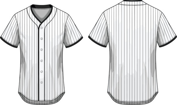 White striped baseball jersey technical vector illustration featuring front and back views with v-neck and button closure for sports team uniform fashion mockup