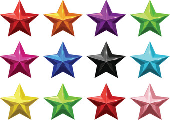Obraz premium Large set of twelve colorful 3D star vector icons with glossy faceted texture in rainbow colors including black and gold for premium ratings and awards