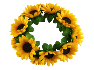 Vibrant sunflower wreath with lush green leaves in circular arrangement