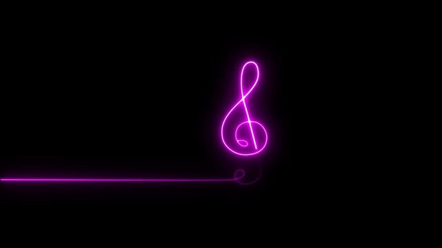 Glowing neon music icon animation, neon icon animation, music icon animation on black background, purple neon glowing single musical note icon abstract design animation on 4k video footage.
