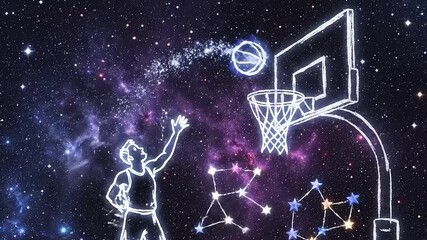 A celestial basketball player, a constellation of light, takes a shot in the vast expanse of a star-filled galaxy, merging sport and cosmic wonder - Powered by Adobe