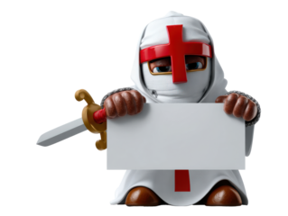 Cartoon crusader knight holding blank sign with sword