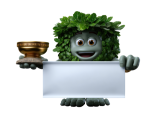 Leafy character holding blank banner with golden trophy
